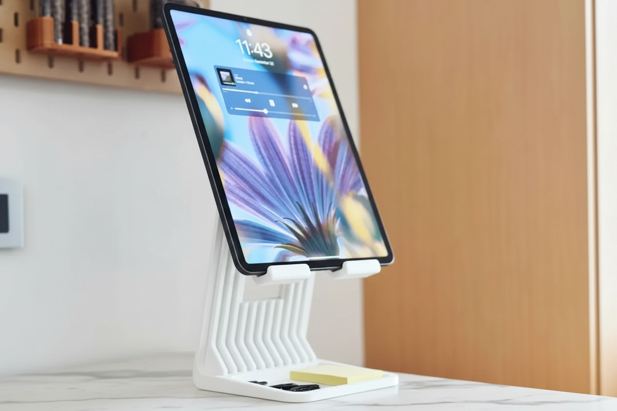 iPad / Tablet Stand Riser – Şarj Kablo Kanallı ve Saklama Bölmeli Premium Tablet Standı