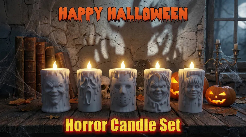 Horror Candle Set – Ghostface, Jason, Chucky, Annabelle ve Pennywise Temalı Korku Mum Seti 5 adet mum ve Led