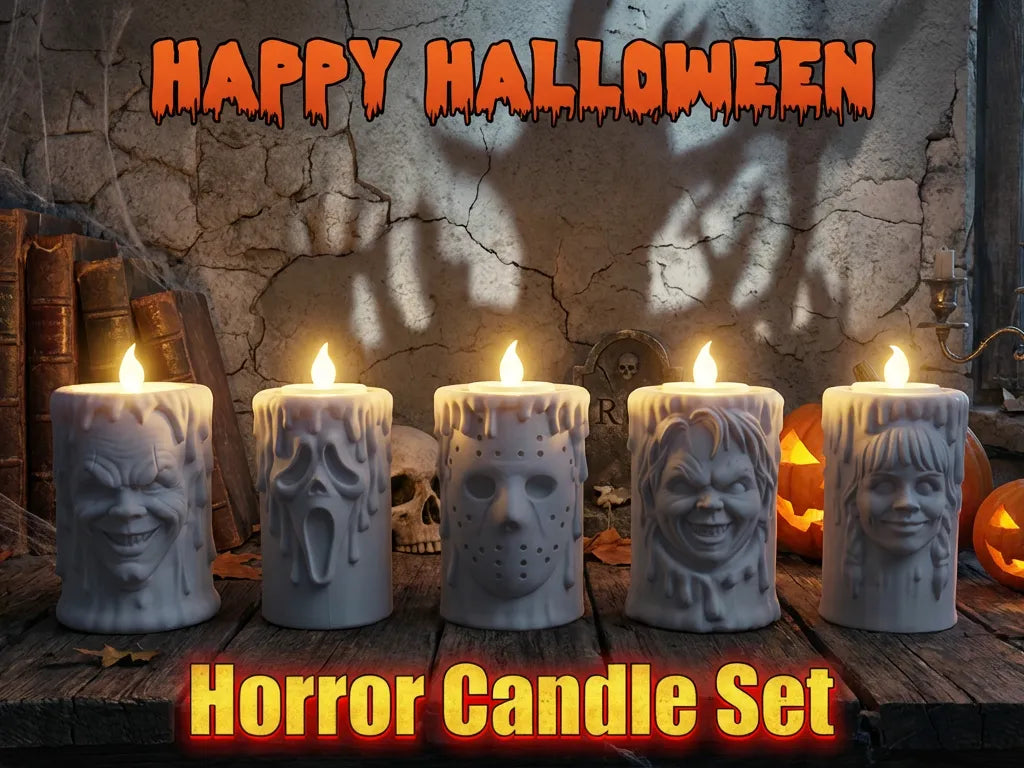 Horror Candle Set – Ghostface, Jason, Chucky, Annabelle ve Pennywise Temalı Korku Mum Seti 5 adet mum ve Led