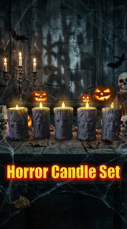 Horror Candle Set – Ghostface, Jason, Chucky, Annabelle ve Pennywise Temalı Korku Mum Seti 5 adet mum ve Led