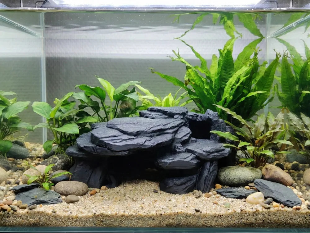 Doğal Kayrak Kaya Mağarası | Akvaryum ve Teraryum İçin 3D Baskı Saklanma Alanı (15 × 12 × 6 cm)