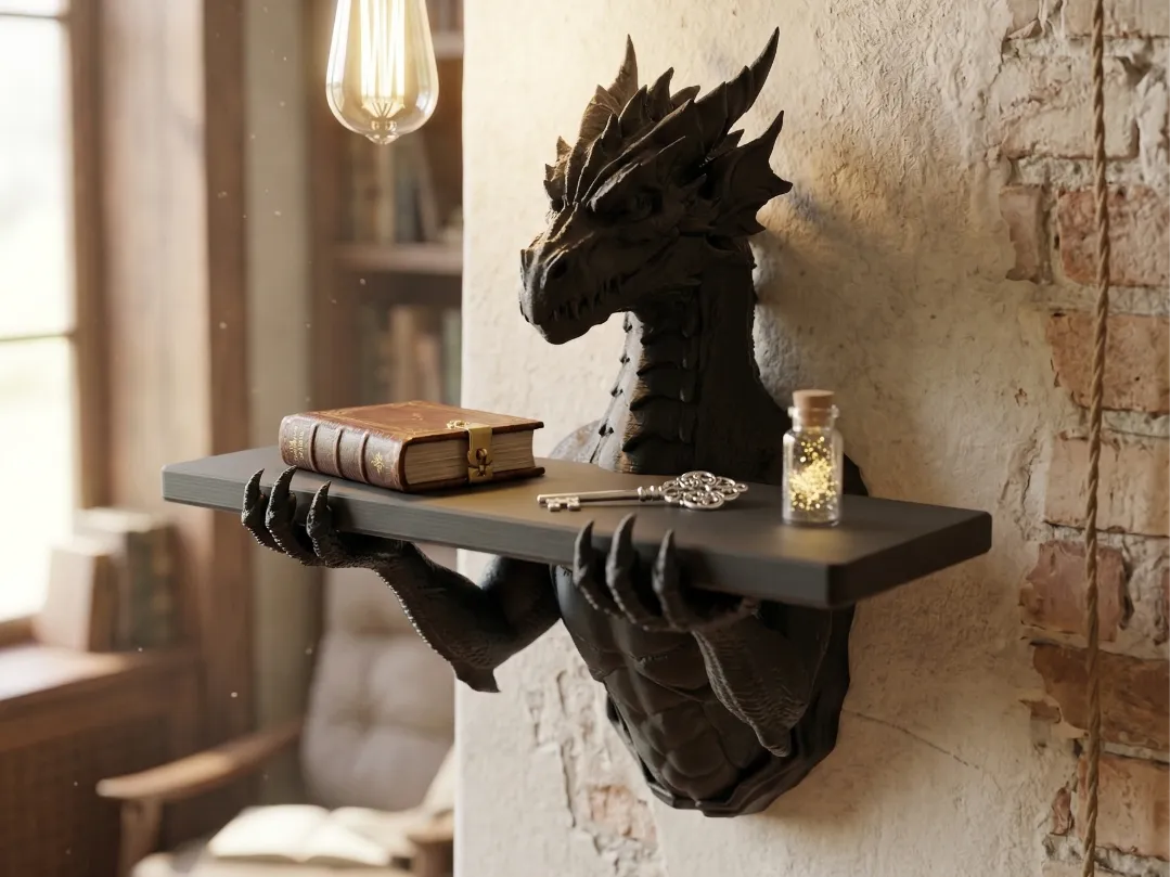 Dragon Wall Shelf – The Grimoire Guardian | Ejderha Temalı Duvar Rafı