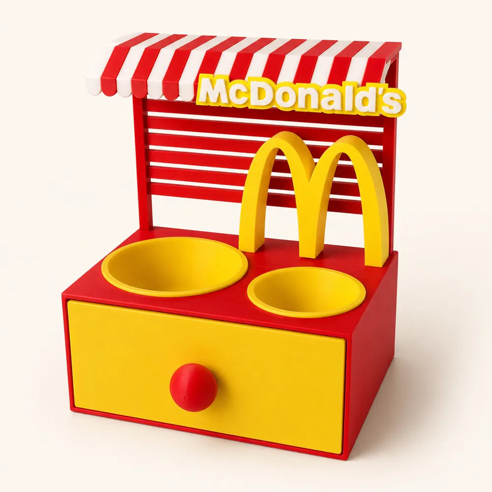 Retro Fast Food Temalı Evcil Hayvan Mama İstasyonu – Çift Mama Kabı ve Çekmeceli Düzenleyici