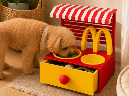 Retro Fast Food Temalı Evcil Hayvan Mama İstasyonu – Çift Mama Kabı ve Çekmeceli Düzenleyici