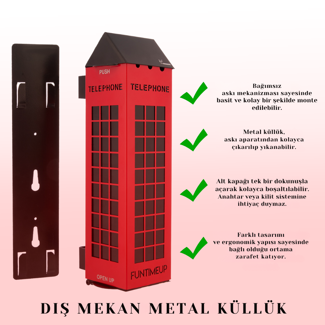 Telefon Kulübesi Tasarımlı Duvara Monte Metal Küllük | Dış Mekan Sigara İzmarit Kutusu | Kilit Gerektirmeyen Pratik Küllük