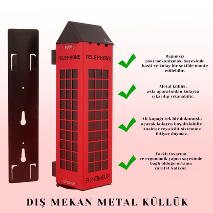 Telefon Kulübesi Tasarımlı Duvara Monte Metal Küllük | Dış Mekan Sigara İzmarit Kutusu | Kilit Gerektirmeyen Pratik Küllük