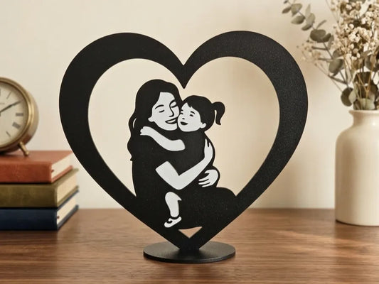Anne ve Kız Kalp Dekoru | Anneler Günü 3D Baskı Dekoratif Silüet