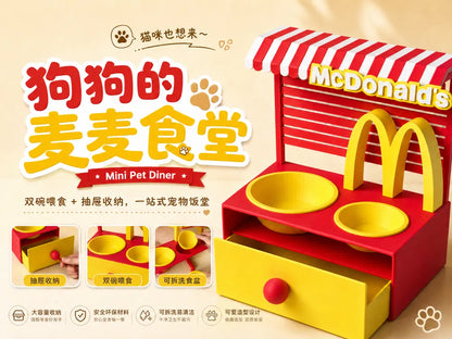 Retro Fast Food Temalı Evcil Hayvan Mama İstasyonu – Çift Mama Kabı ve Çekmeceli Düzenleyici