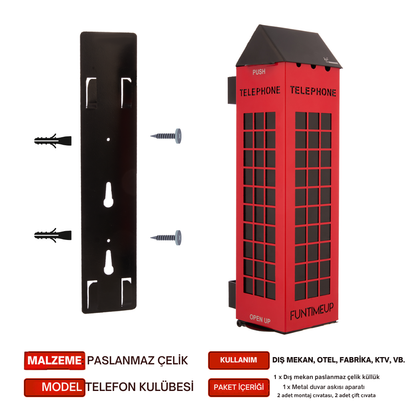 Telefon Kulübesi Tasarımlı Duvara Monte Metal Küllük | Dış Mekan Sigara İzmarit Kutusu | Kilit Gerektirmeyen Pratik Küllük